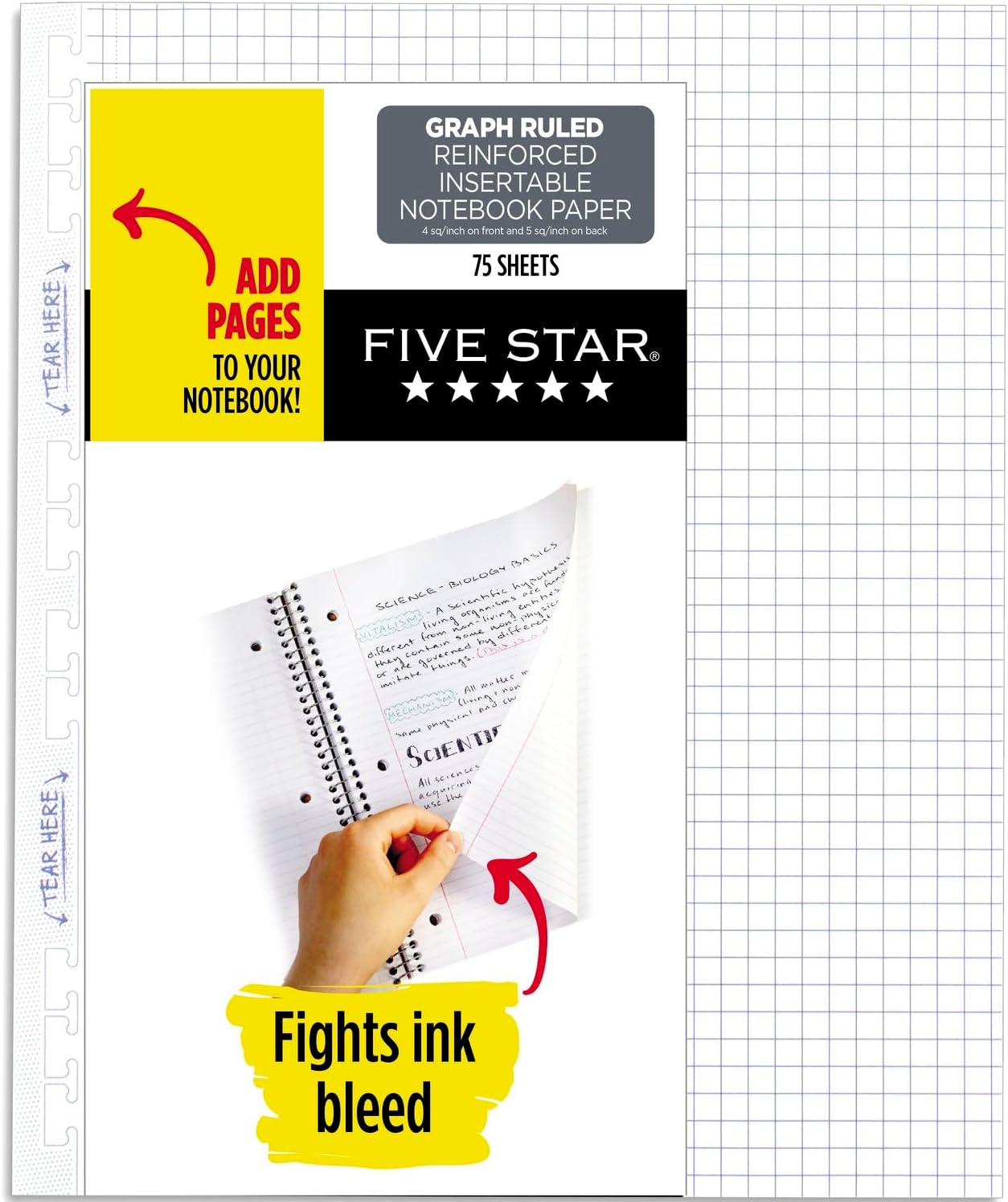 Five Star Reinforced Insertable Graph Ruled Notebook Paper, 6 Pack, White, 8.5 x 11, 75 Sheets per Pack