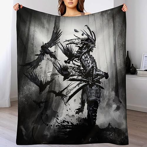 Miniatura 7 de Manta samurái de anime japonés, con espalda de samurái asiático, con cuervo negro, manta de franela súper suave para cama, silla, sofá, dormitorio