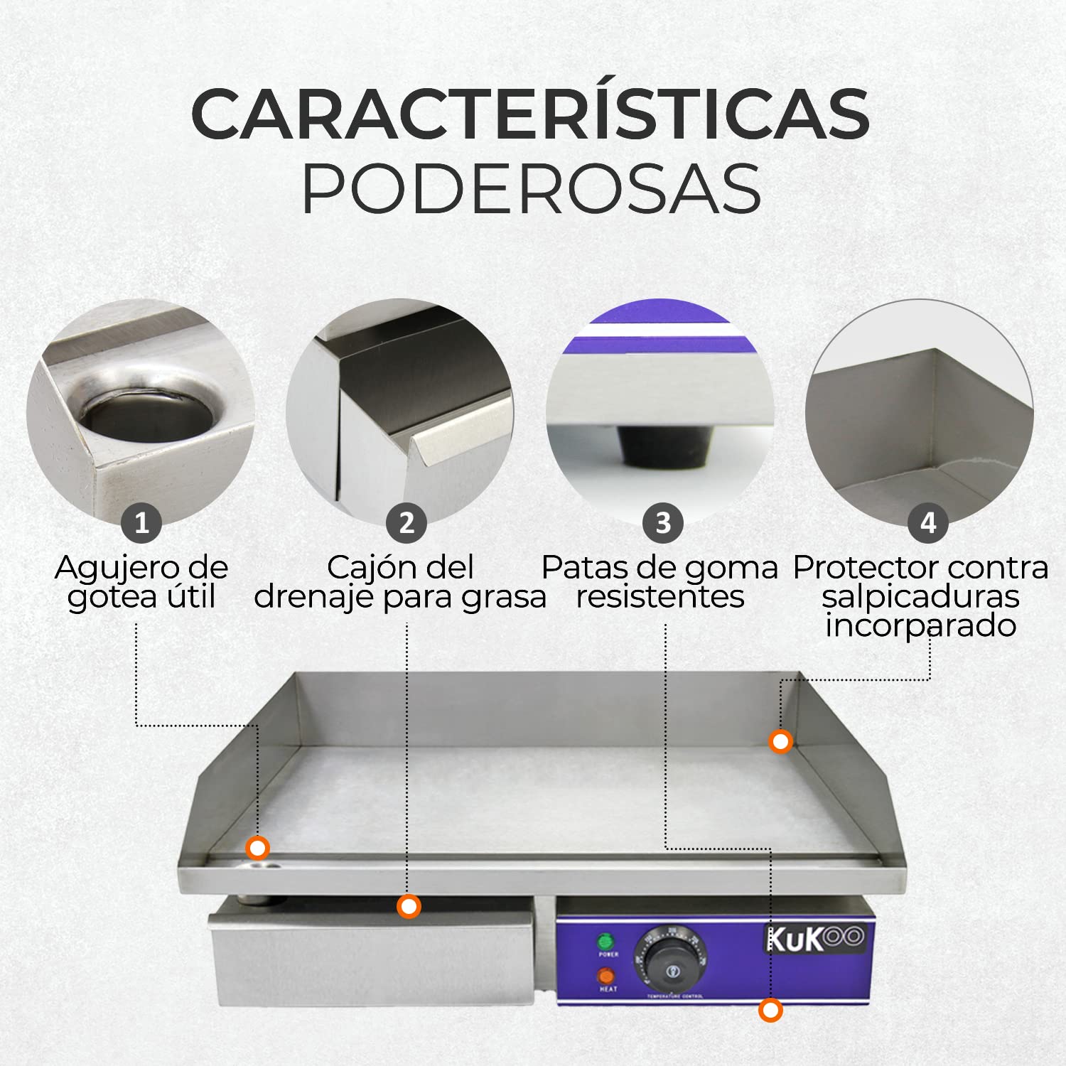 Plancha Profesional Antiadherente Eléctrica de 50cm de Acero Inoxidable Grill Parrilla de Asar Cocina Cocción Barbacoa BBQ+Protector contra Salpicaduras+Cajón Drenaje para Grasa+Termostato Ajustable