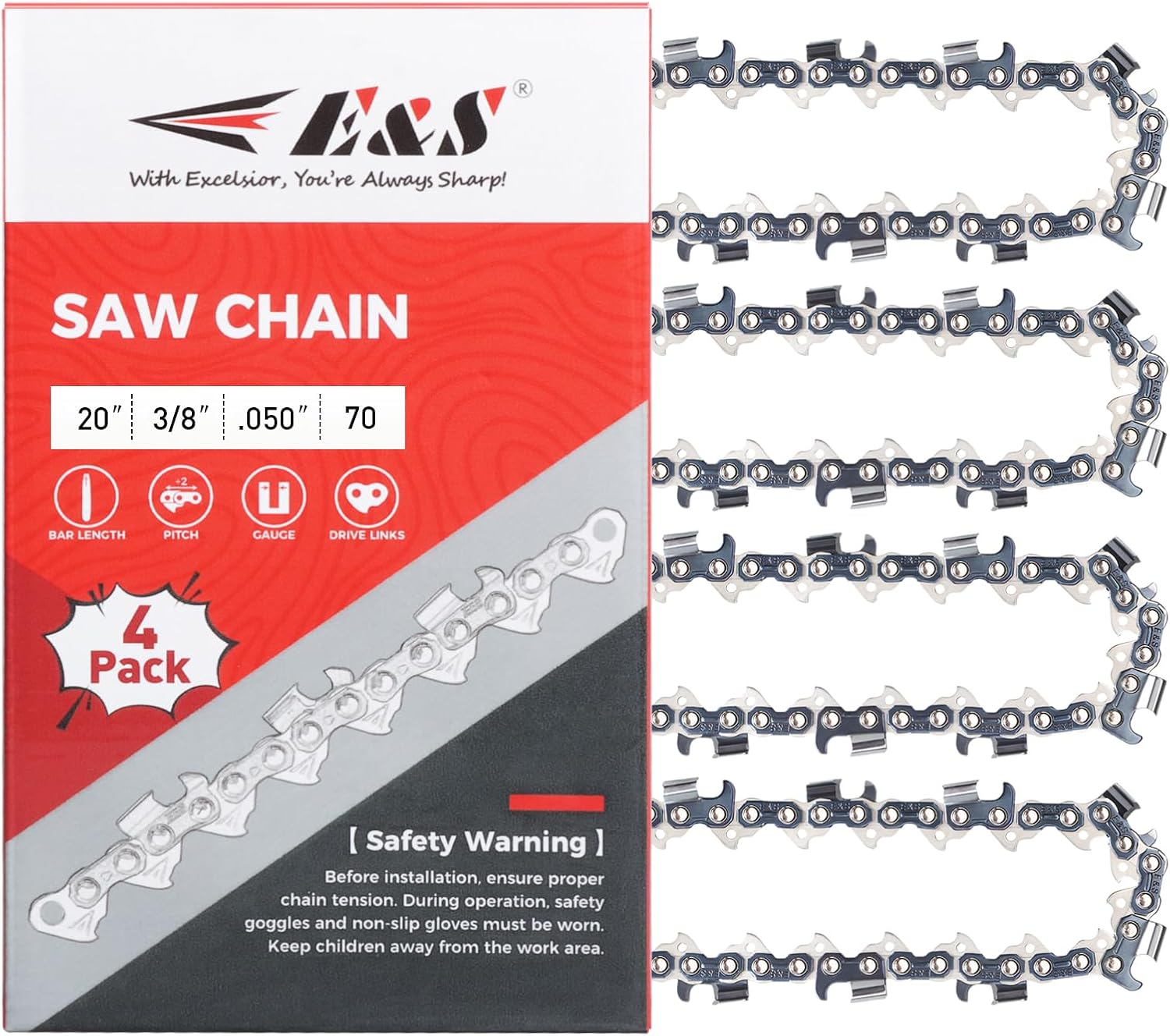 E & S 4 Pack 20 Inch Chainsaw Chain 3/8" Pitch .050" Gauge 70 Drive Links Semi-Chisel Chain Saw Chains for Oregon, Stihl, Husqvarna, Poulan, Craftsman, Greenworks and More Chainsaw Brands