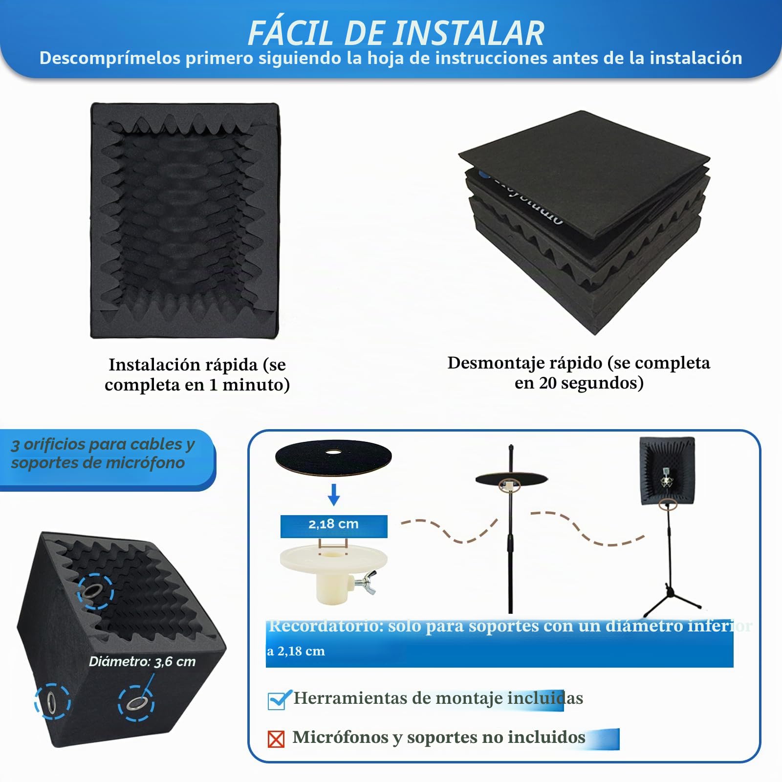 TroyStudio - Cabina vocal portátil, escudo de aislamiento de micrófono plegable grande, sonido de estudio de grabación de música, filtro de reflexión, soporte con espuma acústica densa espesada