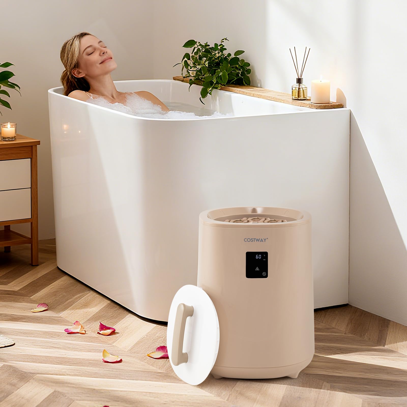 COSTWAY Calentador de Toallas para Baño, Calentador de Mantas Grande de 18 L con Pantalla LED y Apagado Automático, Cubo Portátil para Toallas Calientes, Batas, Mantas (café)