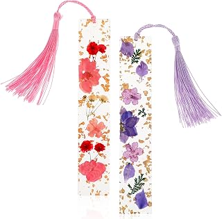 Dimeho 2 Pack Clear Resin Pressed Flower Bookmarks with Tassels - Pink Chrysanthemum & Purple Hydrangea - Durable Handmade Gifts for Book Lovers
