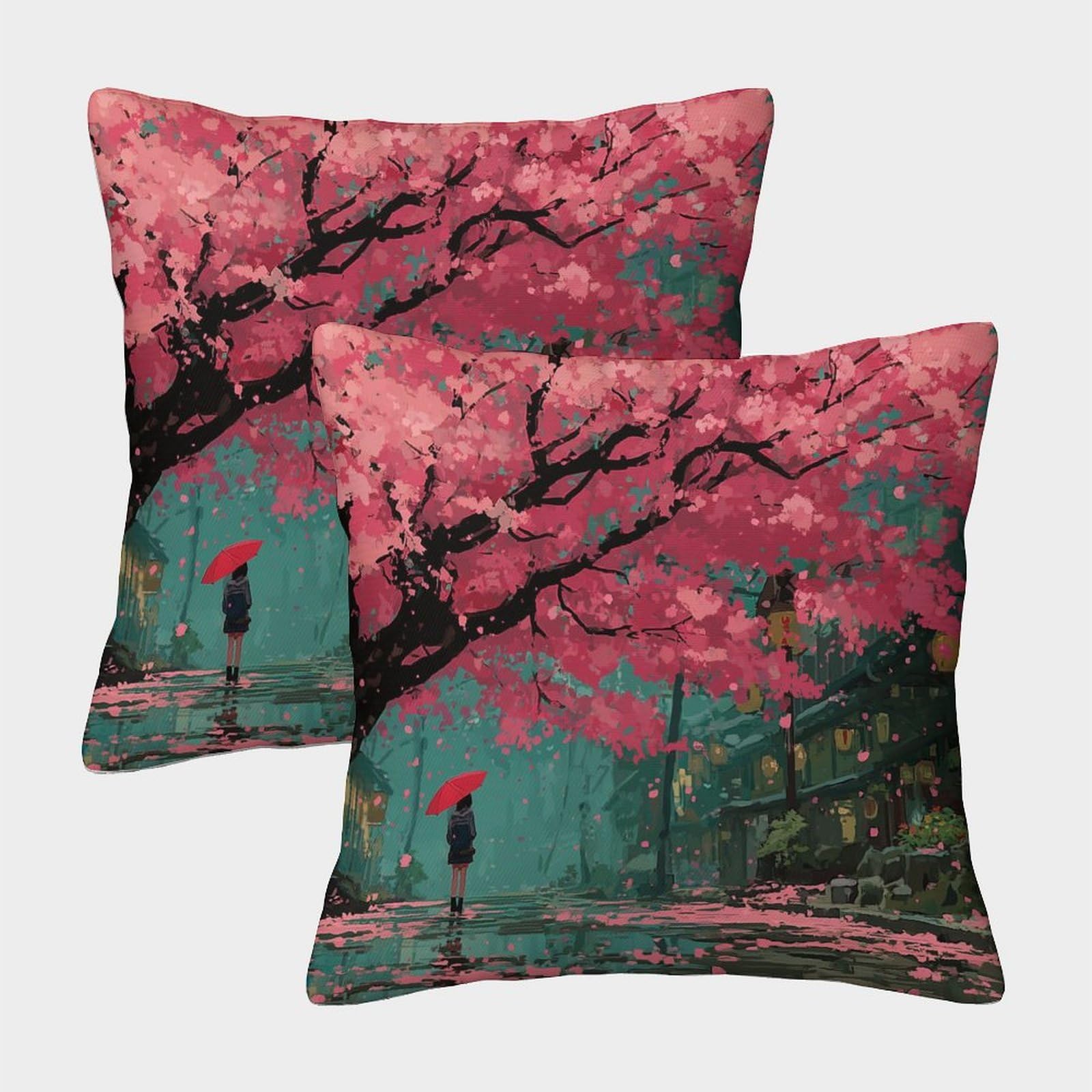 kaiyun 2 Pack Cherry Blossom Path in The Rain, Girl Pillow Case 40x40cm 3D Printing Cushion Cover,home Decoration Sofa Cushion