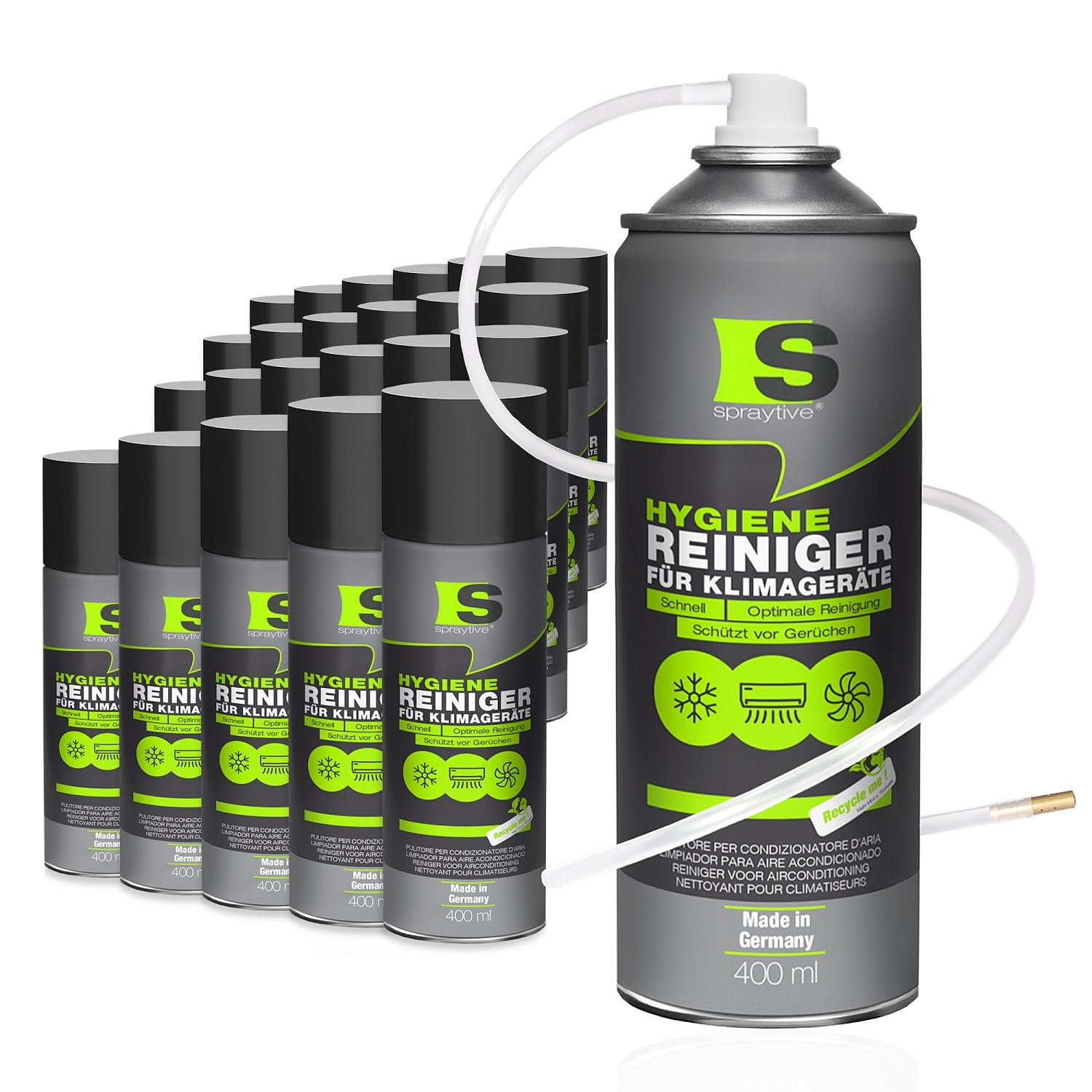 Spraytive 24 x 400ml Hygiene Reiniger für Klimageräte - Klimaanlagenreiniger für Auto & Haus, Geruchsentferner Spray, langanhaltend, erfrischend, Haus-Klimaanlage reinigen, mit Schlauch & Messingdüse