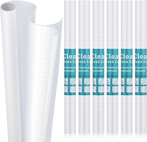 Tatuo Rollos de cubierta de papel transparente de 13.5 pulgadas x 5 pies, funda de libro autoadhesiva transparente de plástico protector