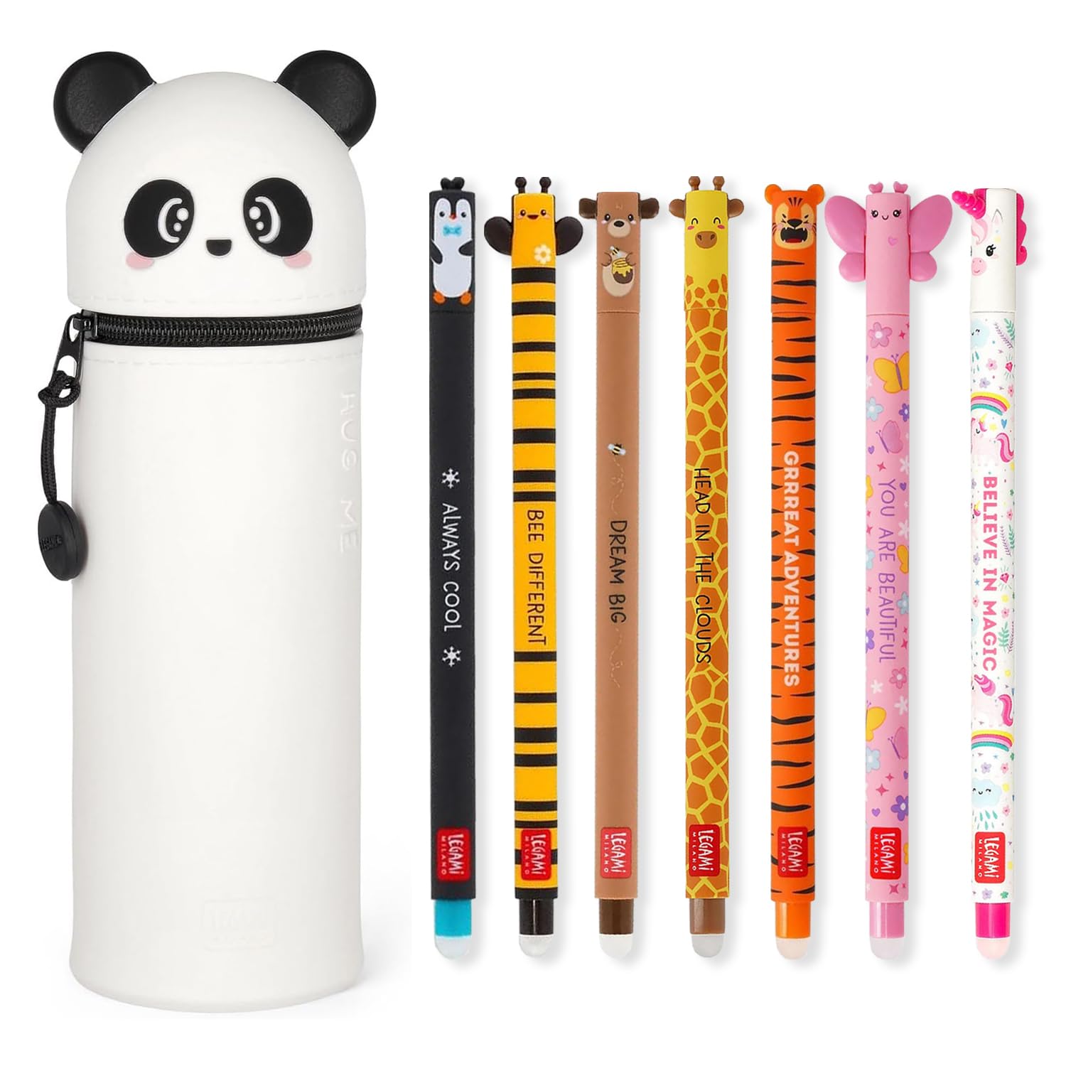 LEGAMI - Lot de 7 stylos gel effaçables + trousse porte-stylos 2 en 1 - avec encre thermosensible effaçable, couleurs d'encre et motifs de corps, pointe 0,7 mm, Lot 2 (Panda)