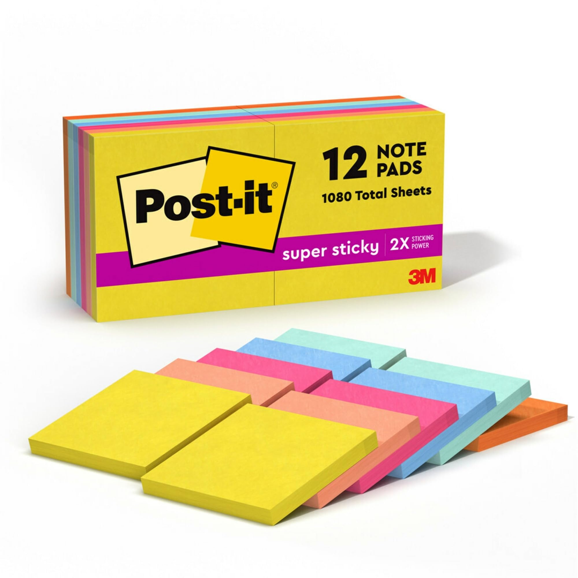 Post-it Super Sticky Notes, 7,6 x 7,6 cm, 12 Blöcke, 90 Blatt/Block, 2 x The Sticking Power, Summer Joy Collection