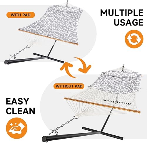 Miniatura 2 de Everyfun Hamaca al aire libre para 2 personas con soporte, hamaca de cuerda de algodón con almohadilla de poliéster, marco de acero ajustable,