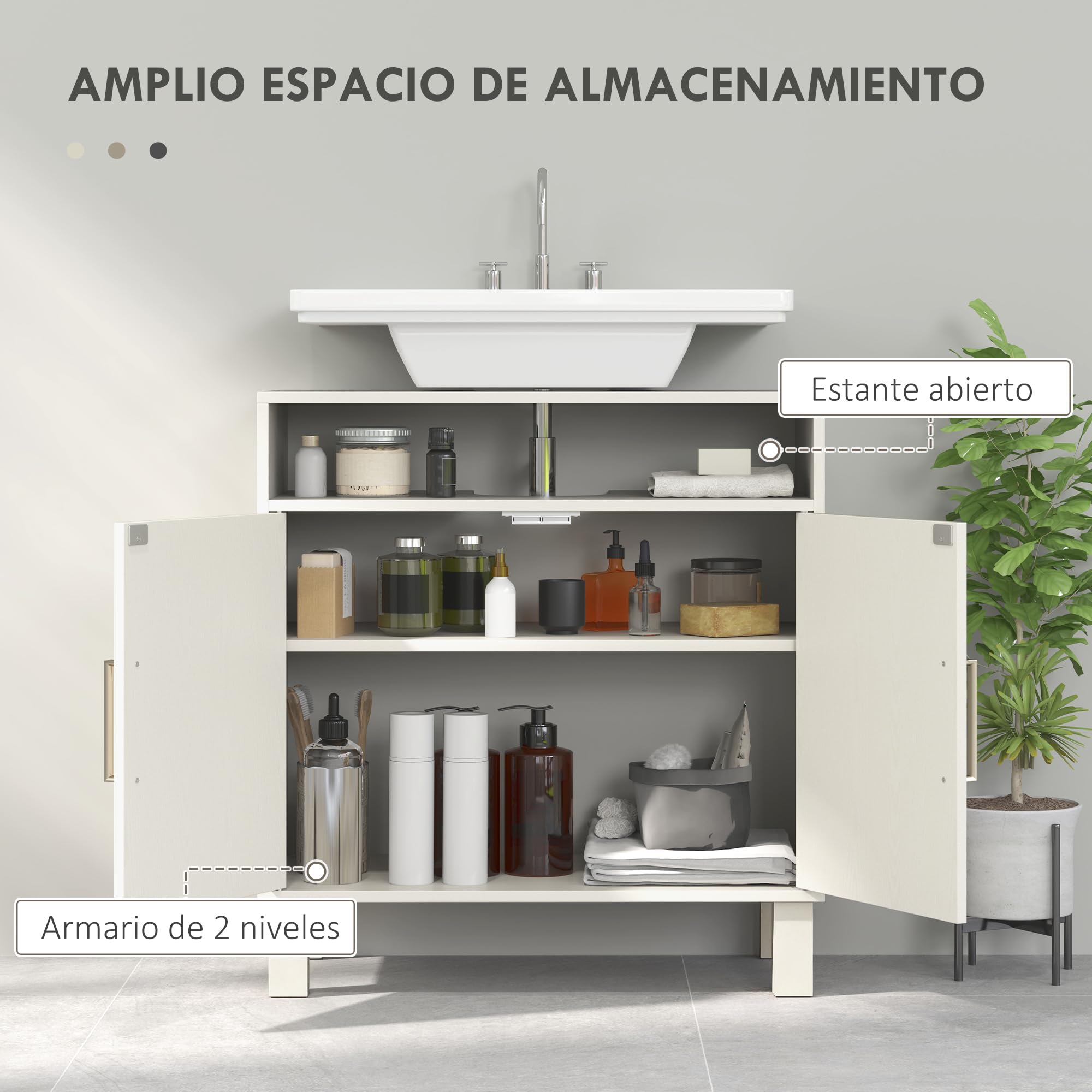 HOMCOM Mueble Bajo Lavabo con Estante Ajustable 60x30x63 cm Blanco Crema