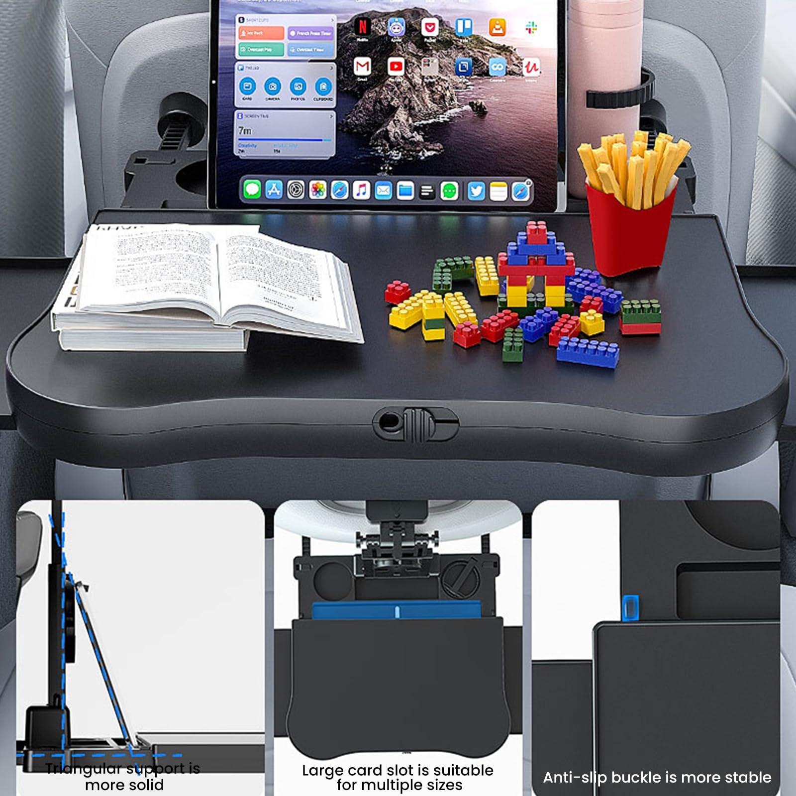 Reisetisch Auto, Auto Tisch Organizer für Rücksitz Kinder, Schreibtisch mit Getränkehalter und Handyhalter, Multifunktional Esstisch für Erwachsene Klappbar Einstellbar Belastbarkeit 15-20 kg