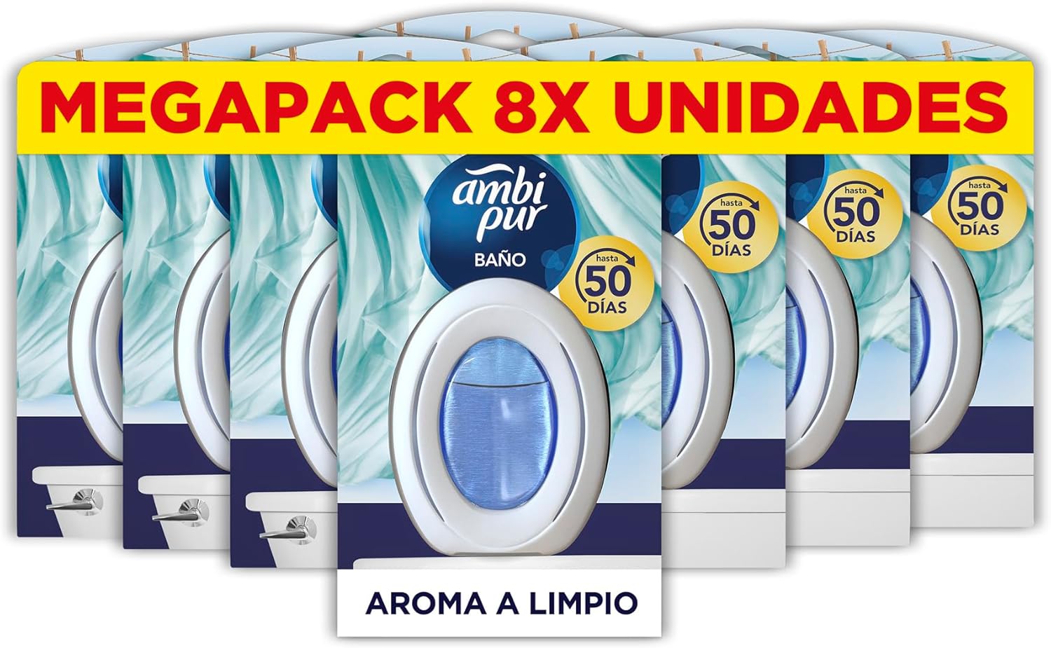 Ambi Pur Ambientador Continuo Para El Cuarto De Baño, Paquete de 8, Elimina los malos olores y deja un aroma fresco y ligero en el cuarto de baño