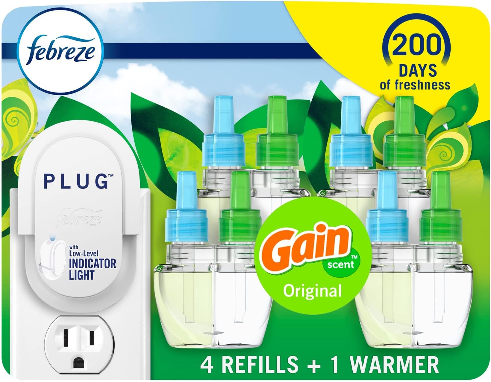 Plug-In Air Freshener, Odor-Fighting Scented Oil Starter Kit, Air Fresheners for Home, Bathroom and Kitchen, Long Lasting, Gain Original Scent, Warmer + 4 Refill, Multicolor