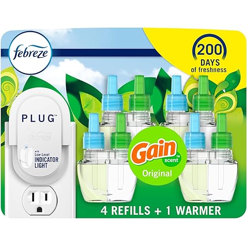 Febreze Plug In Air Freshener, Odor-Fighting Scented Oil Starter Kit, Air Fresheners for Home and Bathroom and Kitchen, Long Lasting for Strong Odors, Gain Original Scent, Warmer + 4 Refill