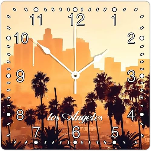 Decorative Wall Square Wood Clock United States Cityscape Los Angeles Arabic Numerals Clock Silent Non-Ticking Battery Operated Modern Clocks for