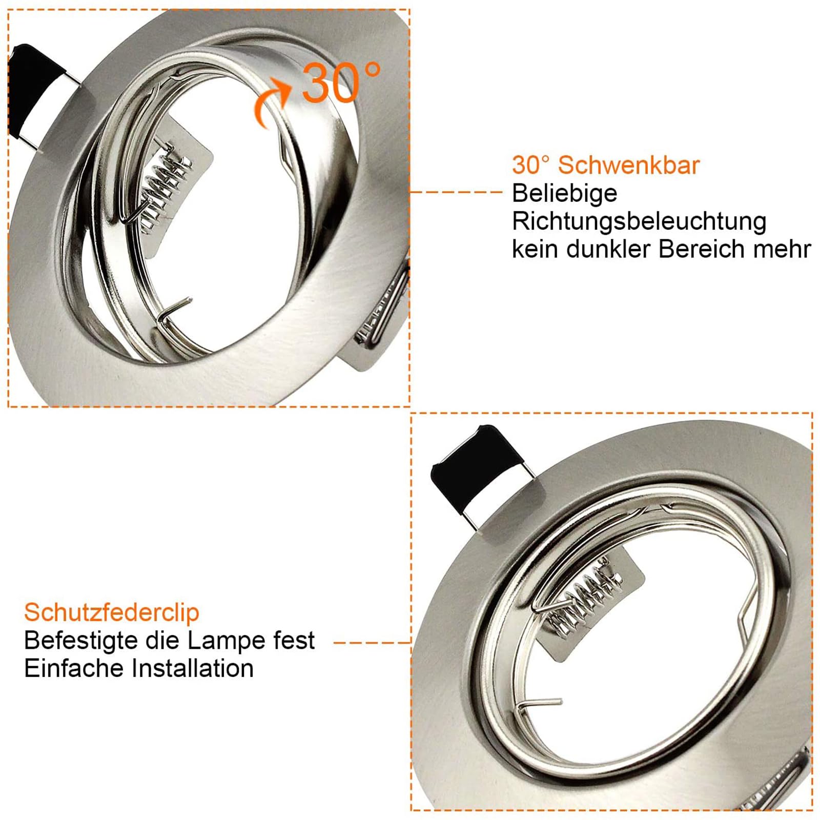 10er LED Einbaustrahler GU10 Set Einbaurahmen Rund Einbauleuchten 68mm Deckenspots Edelstahl Gebürstet Optik Inkl. GU10 Fassung für LED oder Halogen Leuchtmittel, 30° Schwenkbar