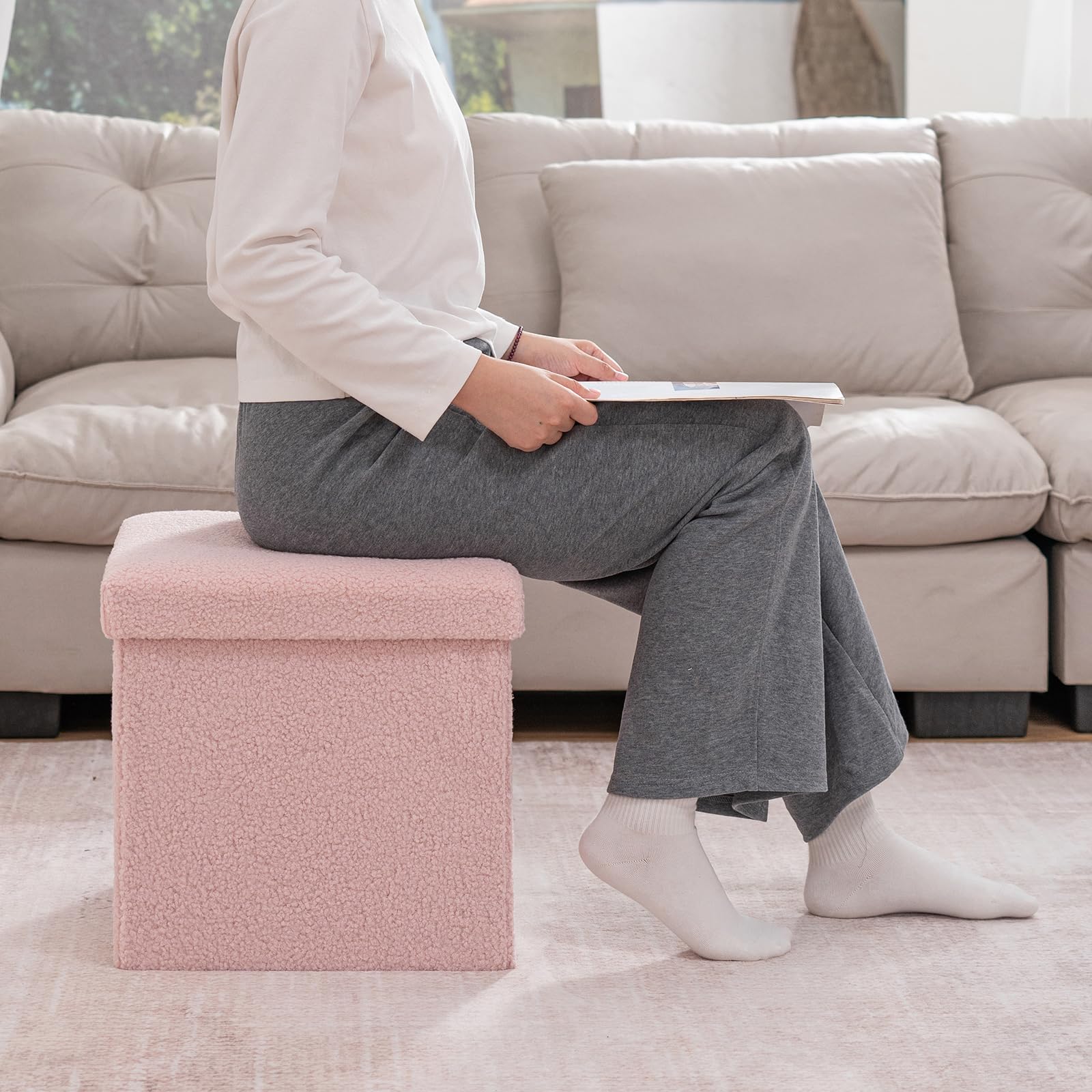 Banco otomano plegable de almacenamiento rosa de 15 pulgadas, reposapiés pequeño, capacidad de 400 libras, baúl de almacenamiento para sala de estar, dormitorio, entrada, solución de asiento elegante