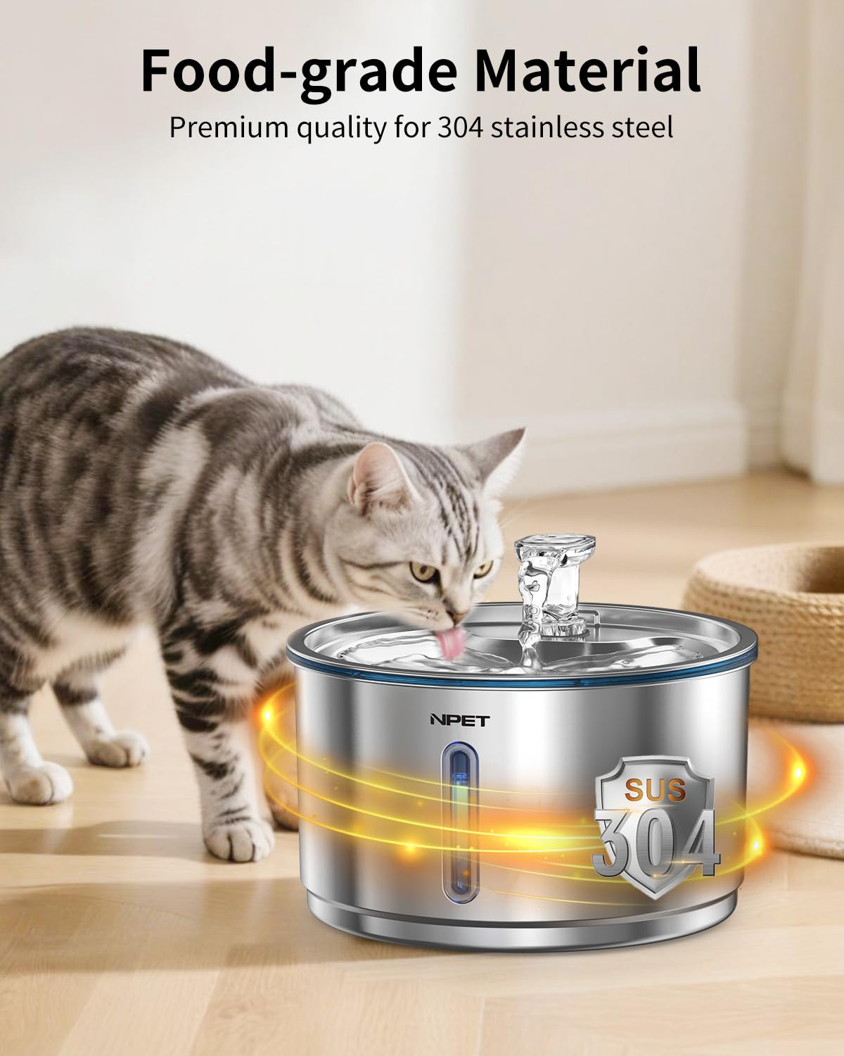NPET Fuente de agua para gatos, 3,827.2 g/1 galón, acero inoxidable, blanco, con 3 filtros de repuesto, ultra silenciosa, ventana visible, para gatos y perros