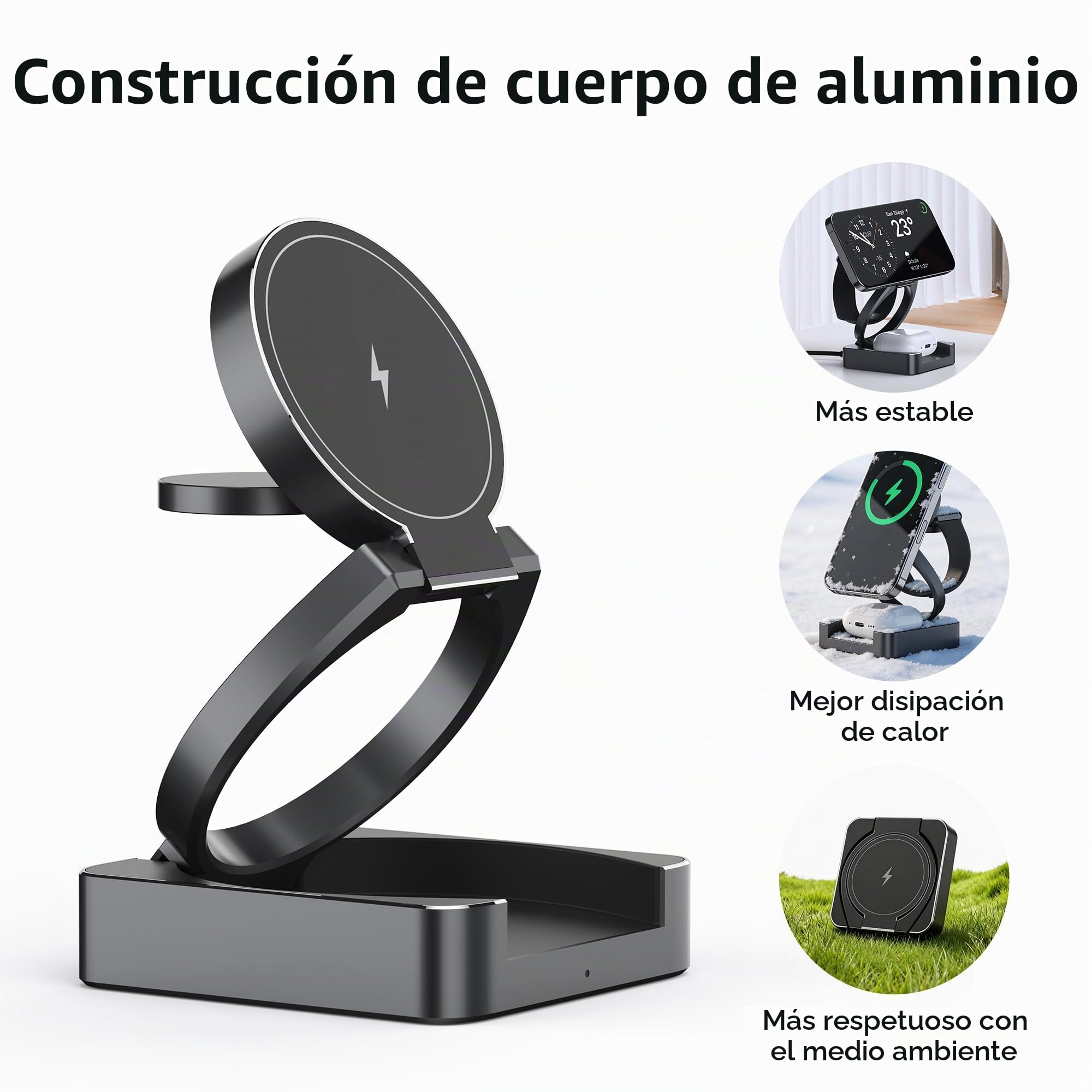 Cargador Inalámbrico 3 en 1 Qi2 15W Magnético de Aluminio para iPhone 17/16/15/14/13/12, Apple Watch S10/9/8 y AirPods 4/3/2/Pro, Estación de Carga Rápida Inalámbrica para Múltiples Dispositivos
