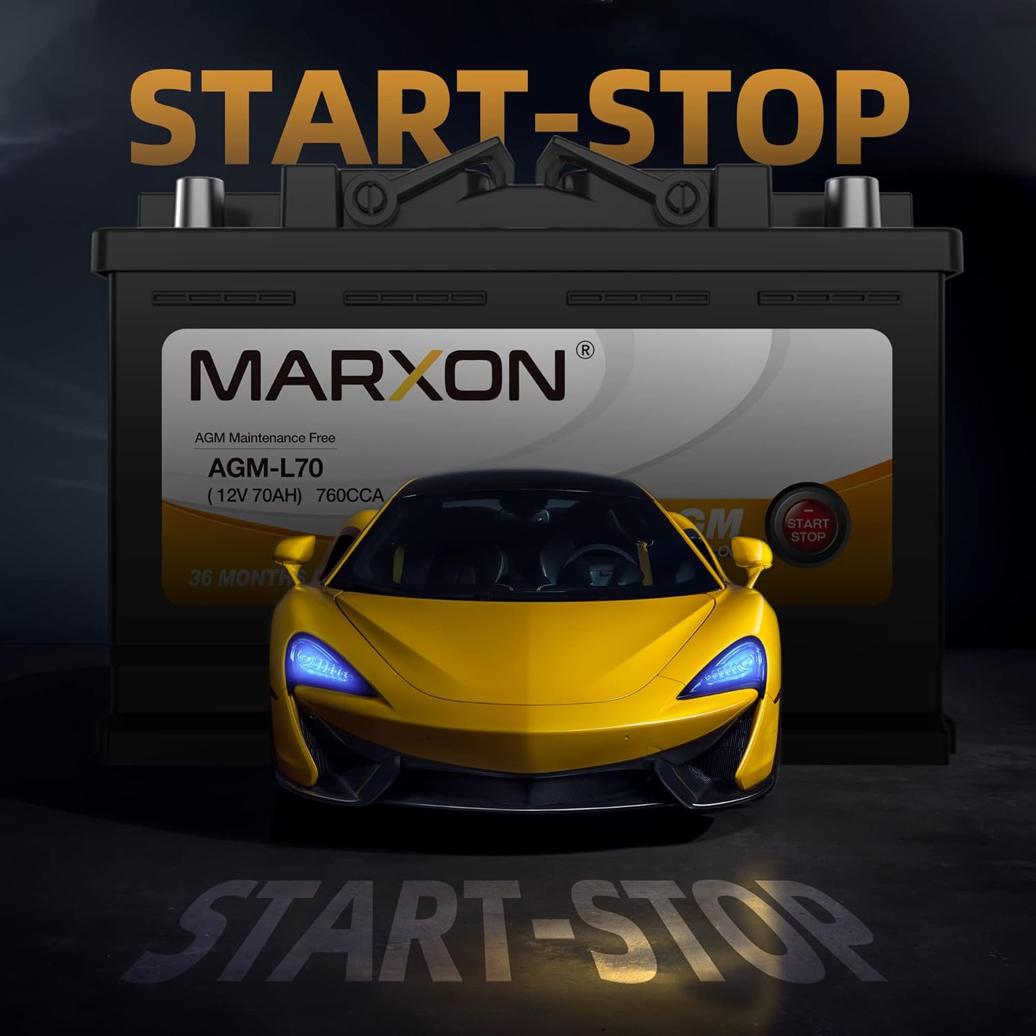 MARXON AGM battery with 'Start-Stop' technology, positioned behind a yellow sports car, indicating its compatibility with modern vehicle systems.