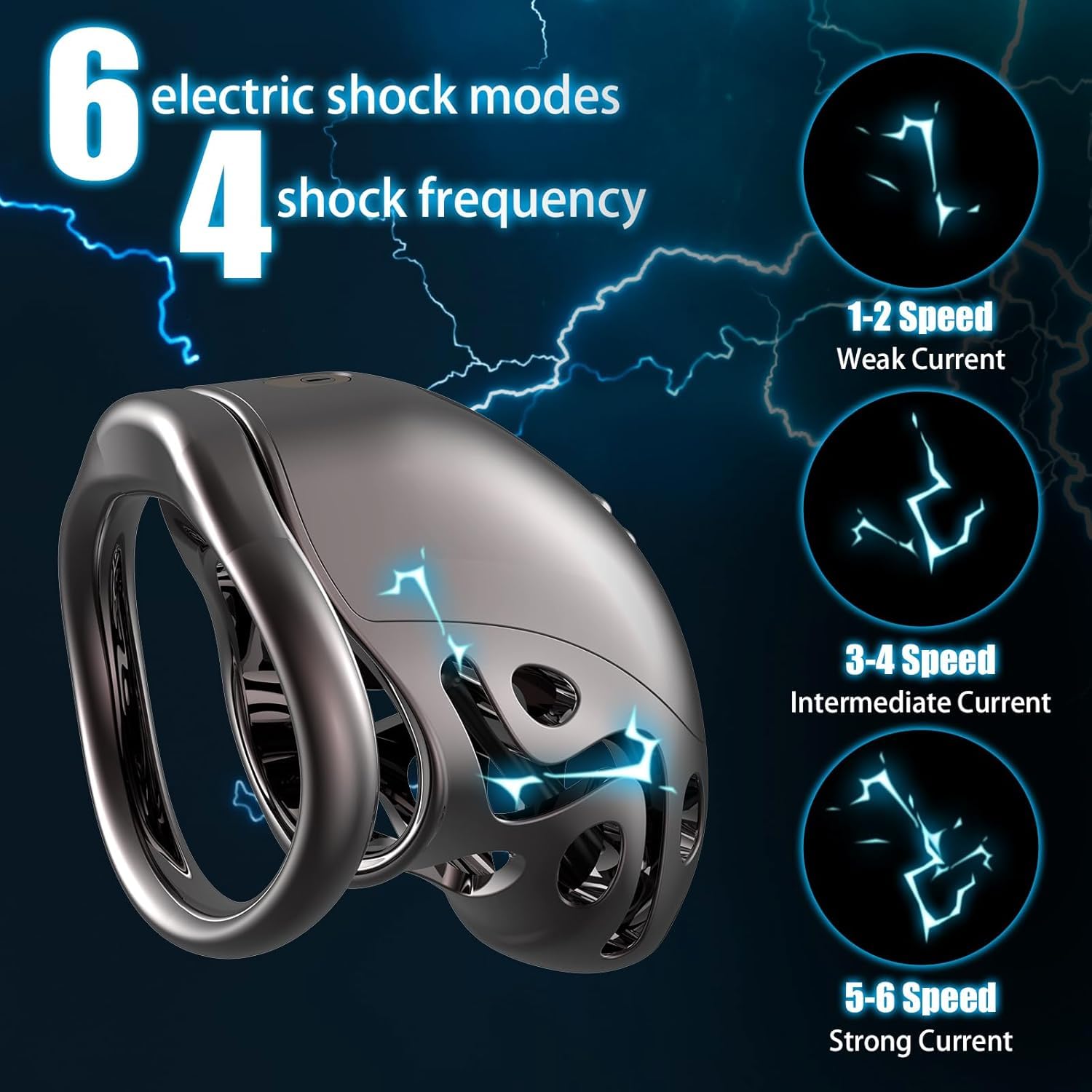 Cage de chasteté à électrochocs pour hommes,Cage à pénis avec 6 niveaux d'électrostimulation & 3 anneaux réglables, sextoy imprimé en 3D pour la stimulation du pénis et l'entraînement intime