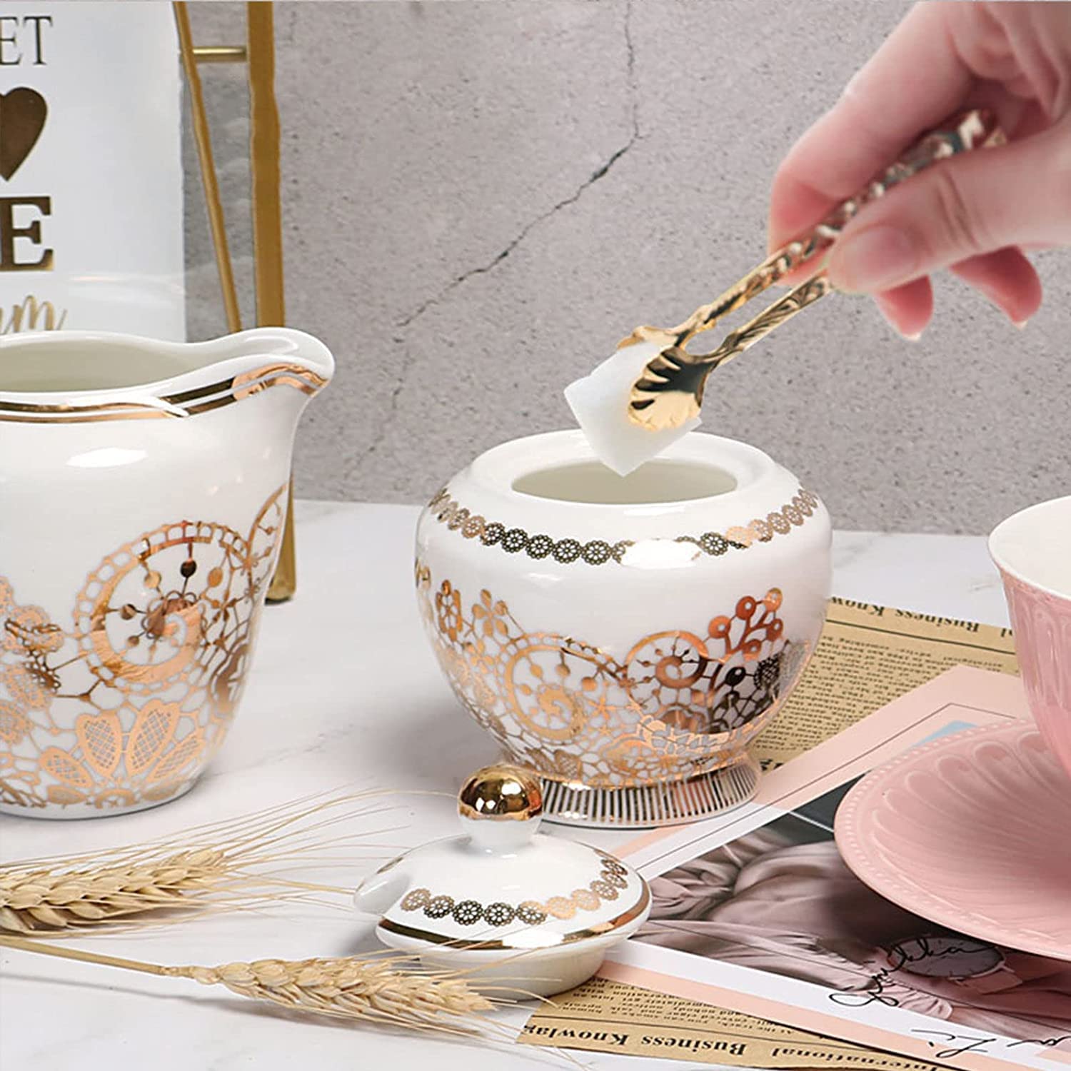 Ceramiczna cukiernica i zestaw śmietanki z dzbankiem na mleko, zestaw do serwowania kawy, dzbanek do kremu, do dekoracji domu i kuchni