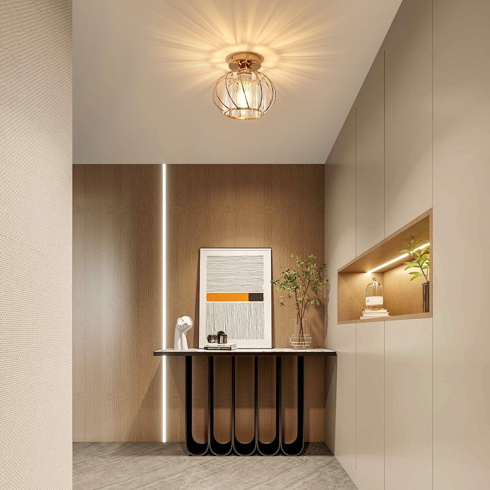 Lámpara de Techo de Cristal Dorado 2 Pack | Plafones Modernos con Enchufe E27, Lámpara de techo Metal para Salón, Dormitorio, Pasillo