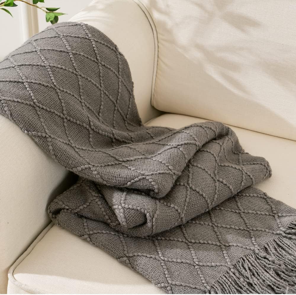 MostNowKnitted Throw Blankets for Couch and Bed,Soft Cozy Knit Blanket with Tassel,Lightweight Decorative Blankets and Throws,Farmhouse Warm Woven Blanket for Men and Women (Grey, 127 * 180cm)