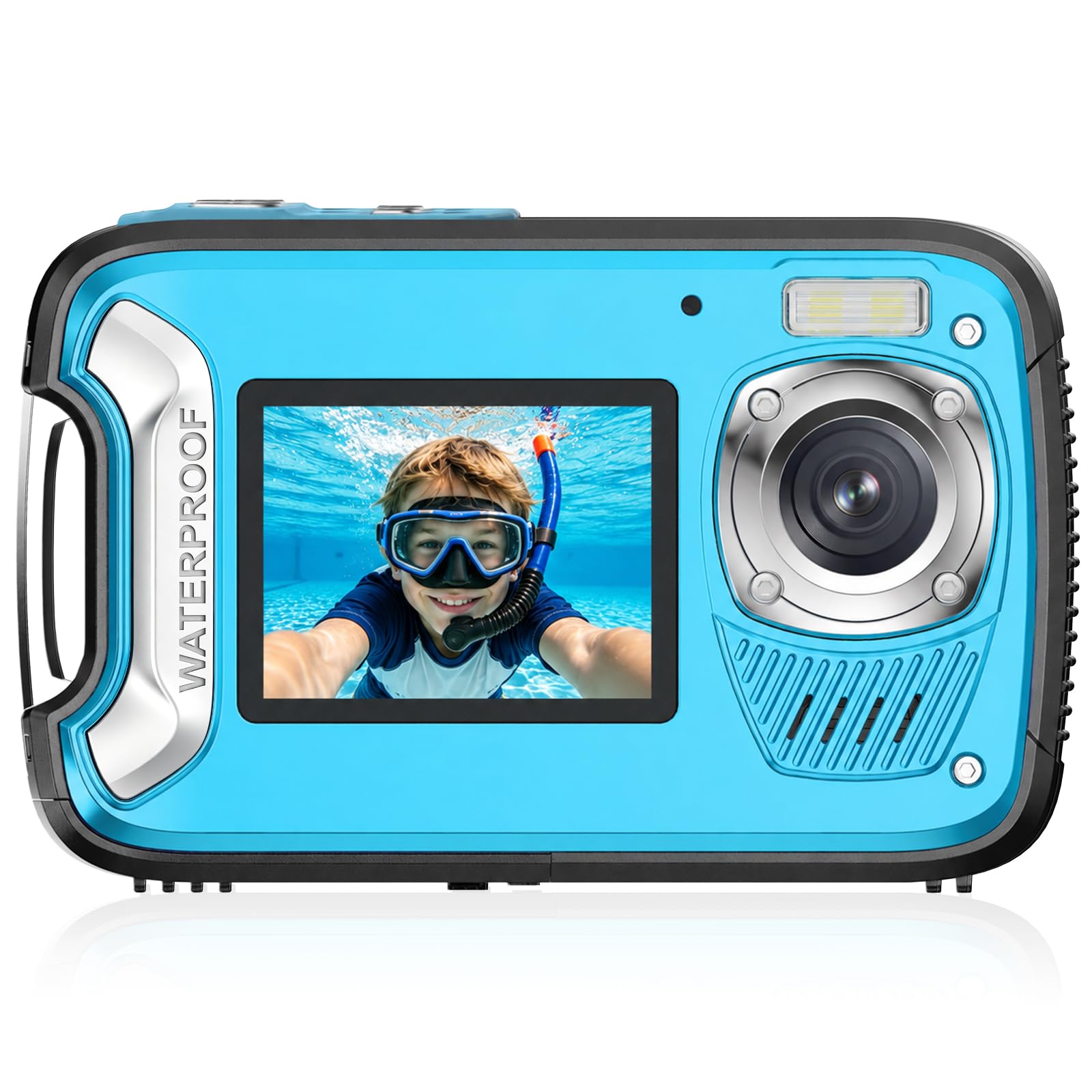 Fotocamera subacquea impermeabile 5K da 9,9 m con autofocus e doppio schermo, perfetta per snorkeling, vlogging, selfie e viaggi, facile da usare, fotocamera compatta per adolescenti, adulti e