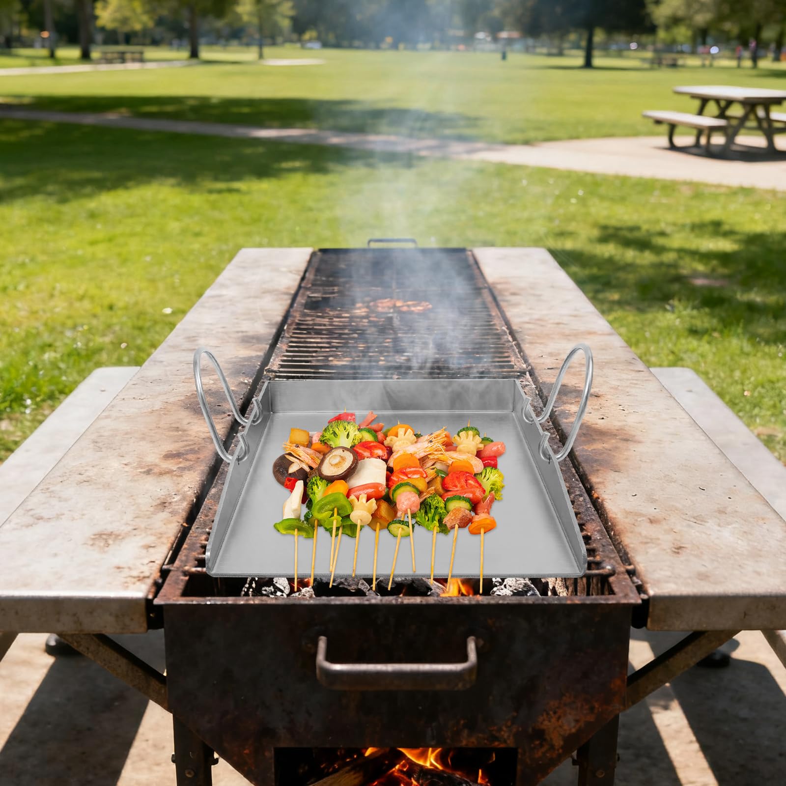 Plancha, piastra per barbecue in acciaio inox, resistente al calore a 338 °C, 40 x 30 cm, con 2 spatole e manici rimovibili, per esterni e campeggio