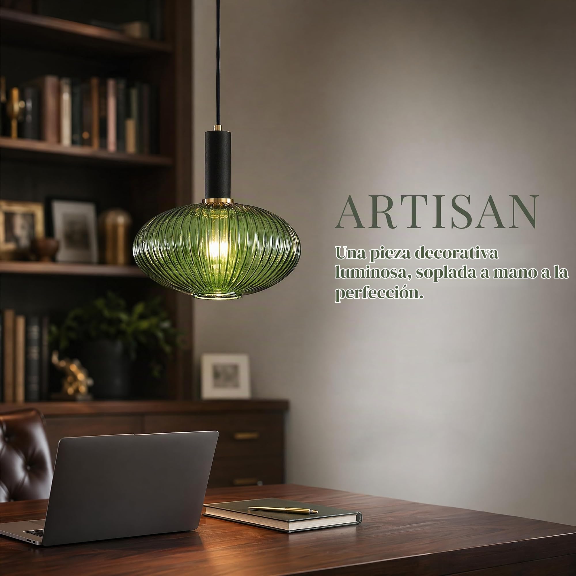EKSED Lámpara Colgante Moderna de Vidrio Estriado con Casquillo E27, Lámpara de Techo para Isla de Cocina, Comedor y Dormitorio (Verde, 30cm)