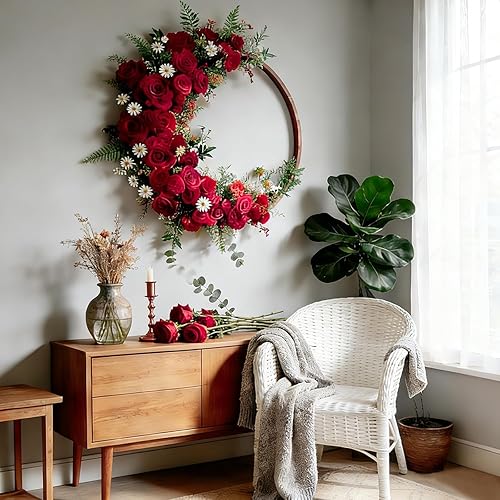 Miniatura 7 de 100 rosas artificiales rojas a granel, ramo de rosas artificiales de seda de terciopelo con tallos para decoración de bodas, flores falsas en