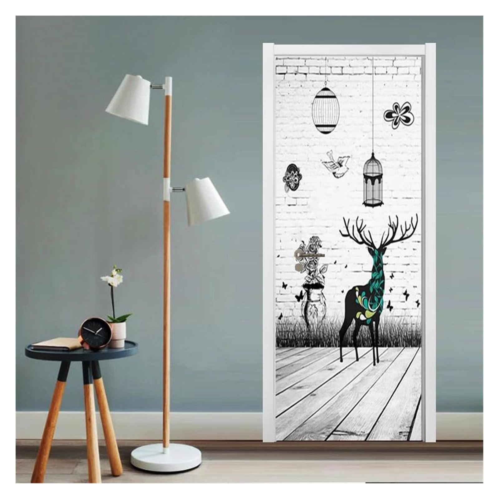 Sticker mural 3D motif cerf et brique blanche décor de porte luxe