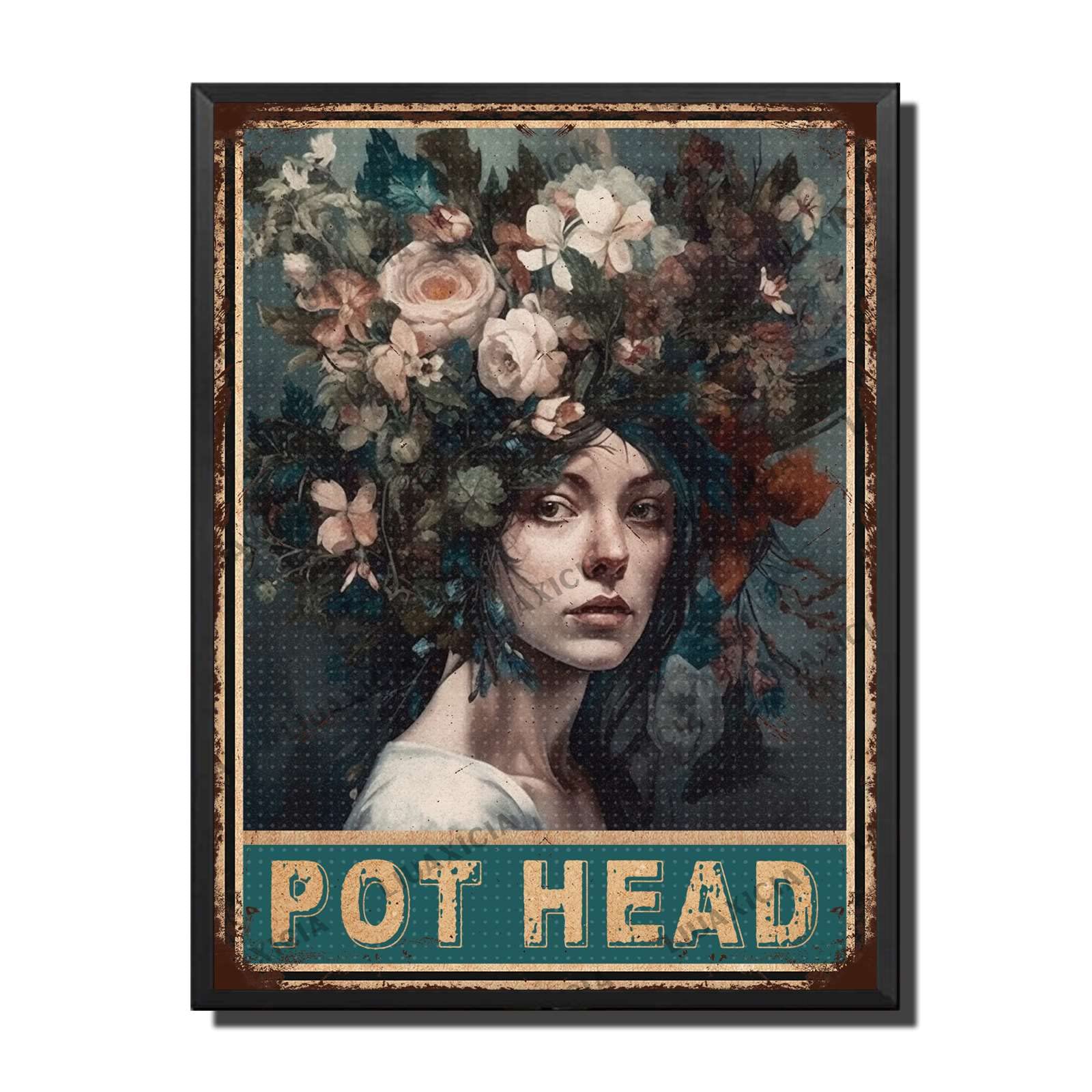 peiyeety Metal Tin Sign Pot Head Floral Woman Vintage Decorative Wall Art,Retro Boho Rustic Plaque for Home Living Room Bedroom Kitchen,12x16 Inch