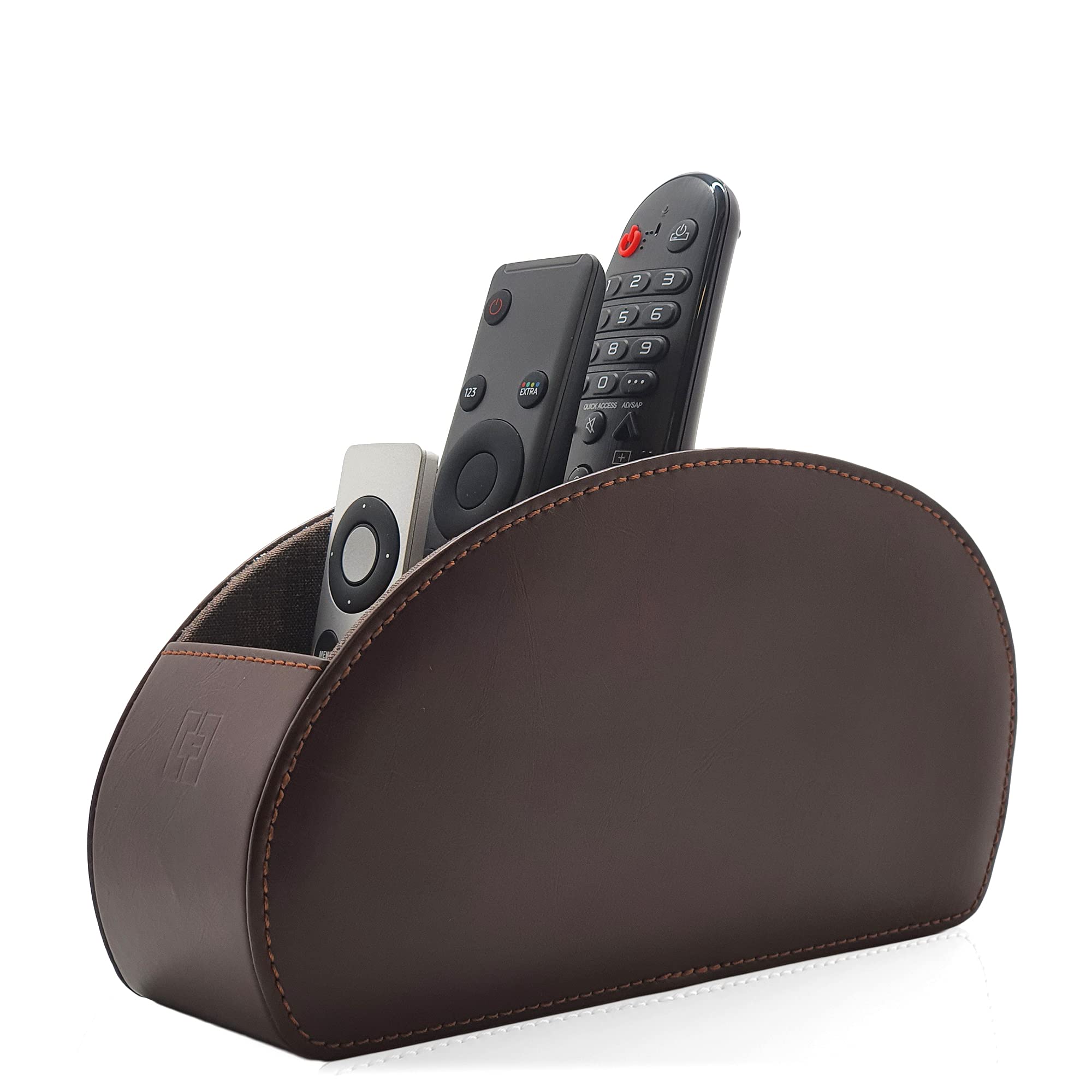 Connected Essentials Remote Control Holder with 5 Pockets TV Remote Control Tidy and Organiser, Brown PU Leather Living Room and Bedroom Storage Caddy Box CEG-10