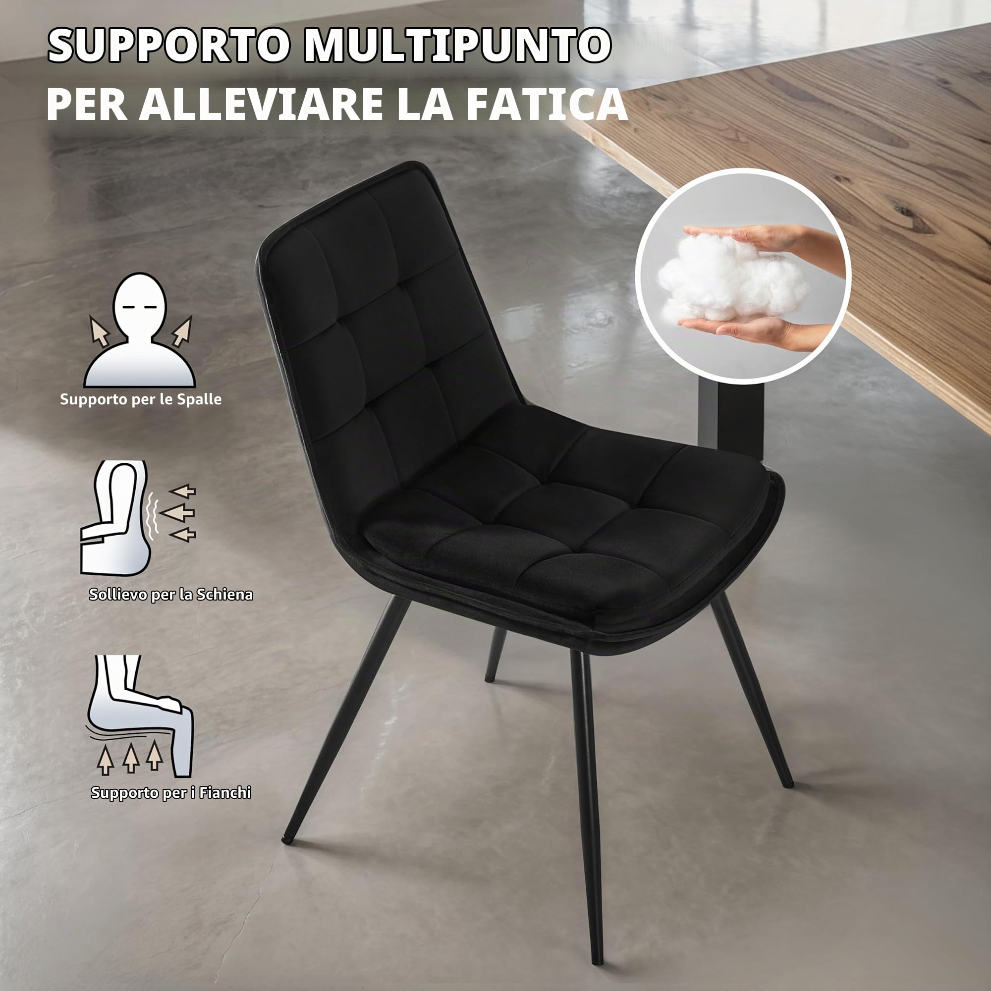 STOOLINK Set di 4 Sedie Sala da Pranzo, Sedie da Sala da Pranzo Moderna, Sedie da Pranzo Imbottita in Velluto, Sedia da Cucina di Design a Scacchiera Senza Braccioli per Cucina, Soggiorno - Nero