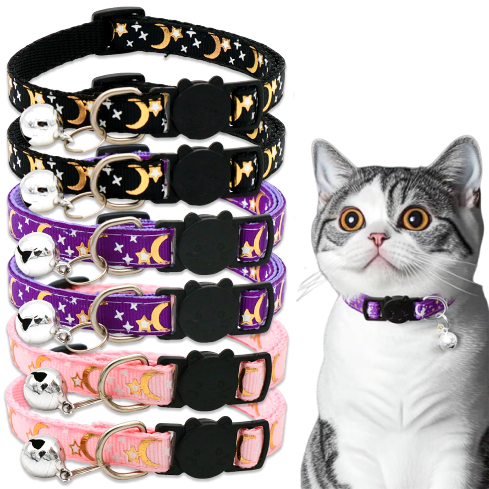 6 PCS Cat Collars Adjustable Kitten Collars with Moon & Stars Durable & Stylish Cat Collar Includes Bell for Sound Multicolour Breakaway Cat Collars for Cat Dog Kitten Puppy