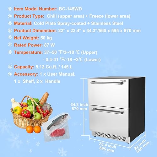 Miniatura 7 de VEVOR Refrigerador bajo encimera de 24 pulgadas, refrigerador de 2 cajones con diferentes temperaturas, capacidad de 4.87 pies cúbicos, impermeable,