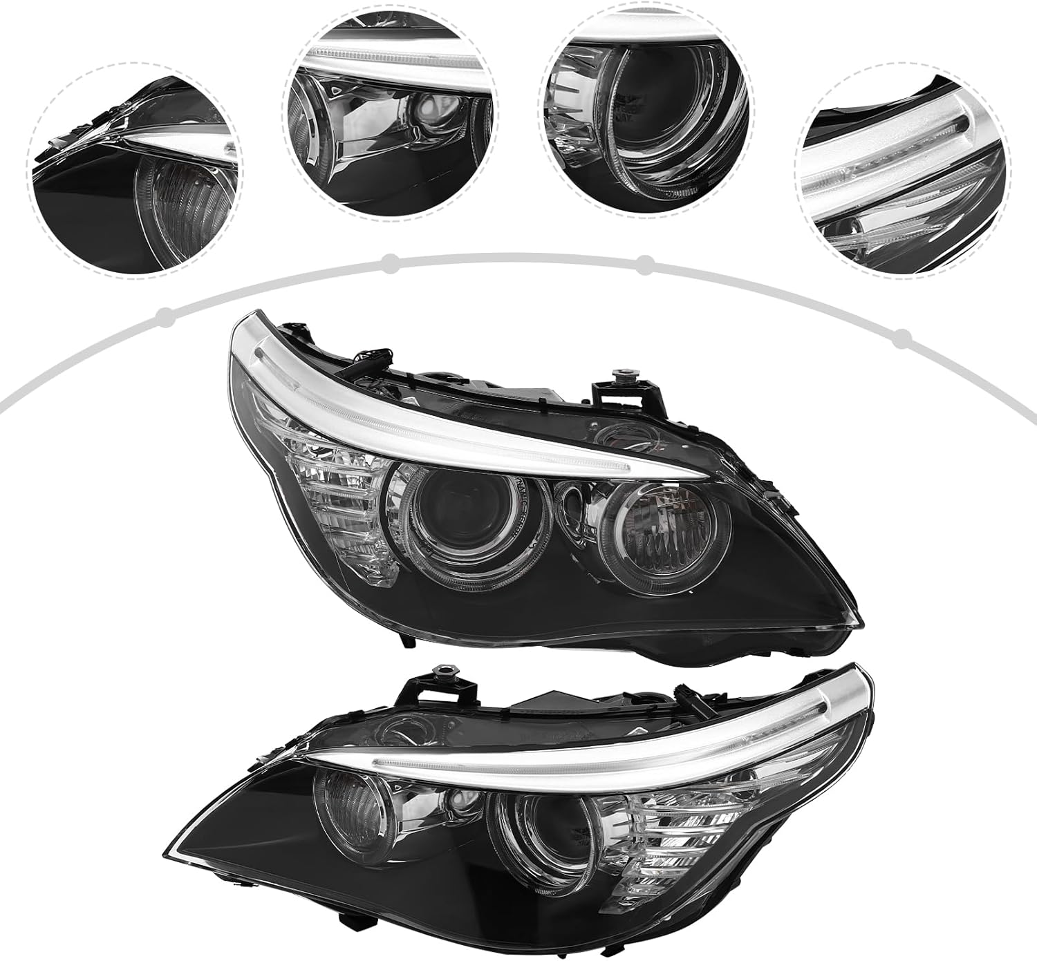 Front HID Headlights Assembly Left+Right Side for 2008-2010 BMW E61 528i 535i 550i D1S w/HID DRL Projector Driver & Passenger Head Lights Direct Replacement Headlamps Assy Set (Two Packages)
