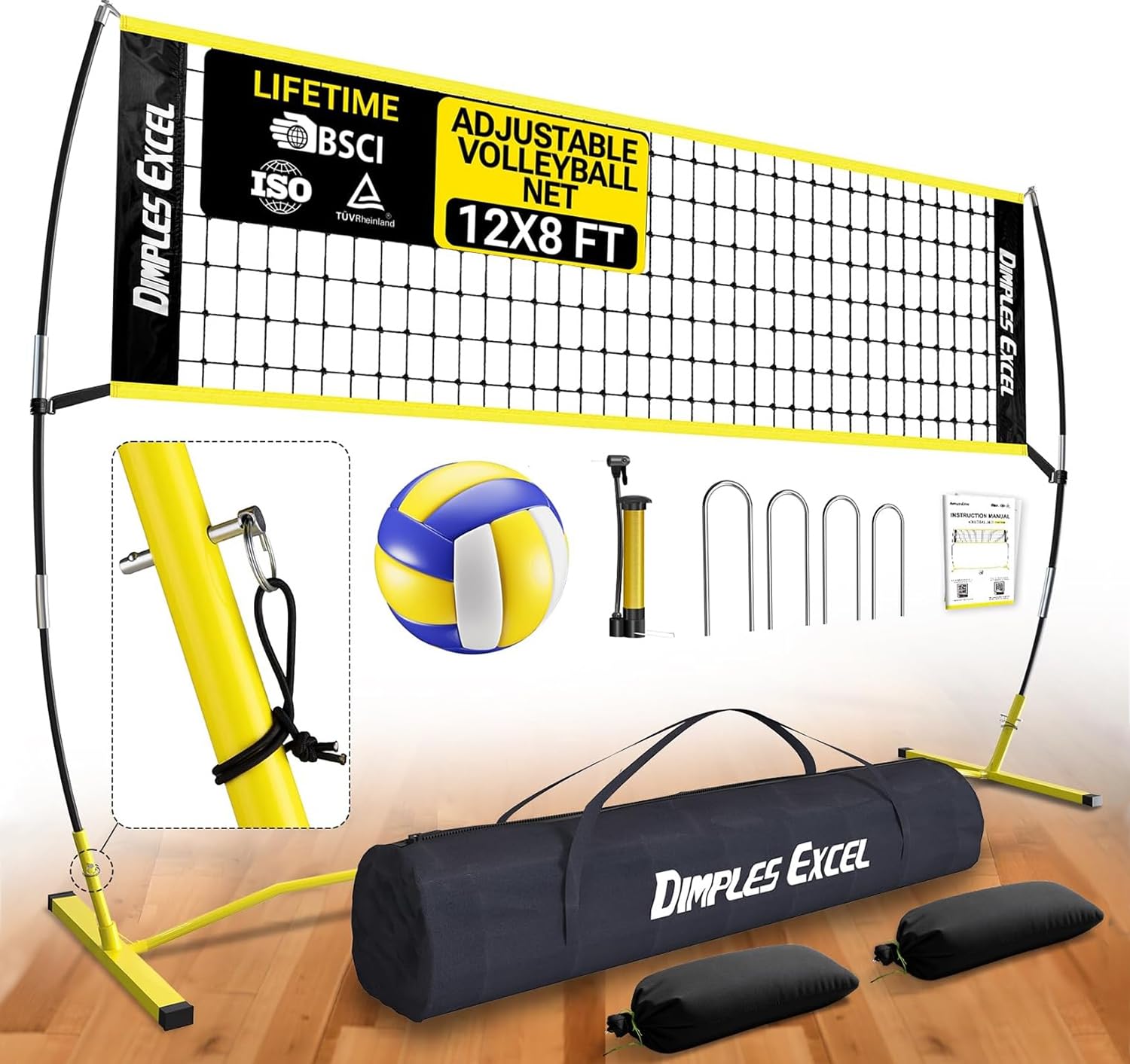 Dimples Excel Red de Voleibol portátil para Exterior 12x8 FT, Equipo de Entrenamiento Ajustable para Adultos en el Patio