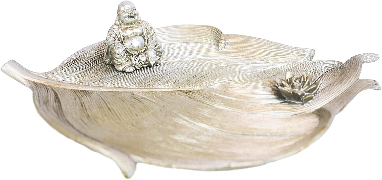 Ebros Gift Buddhism Hotei Laughing Buddha Sitting On Bodhi Tree Leaf with Lotus Flower Incense Stick Holder Burner Figurine Zen Feng Shui Home Fragrance Tabletop Altar Decor
