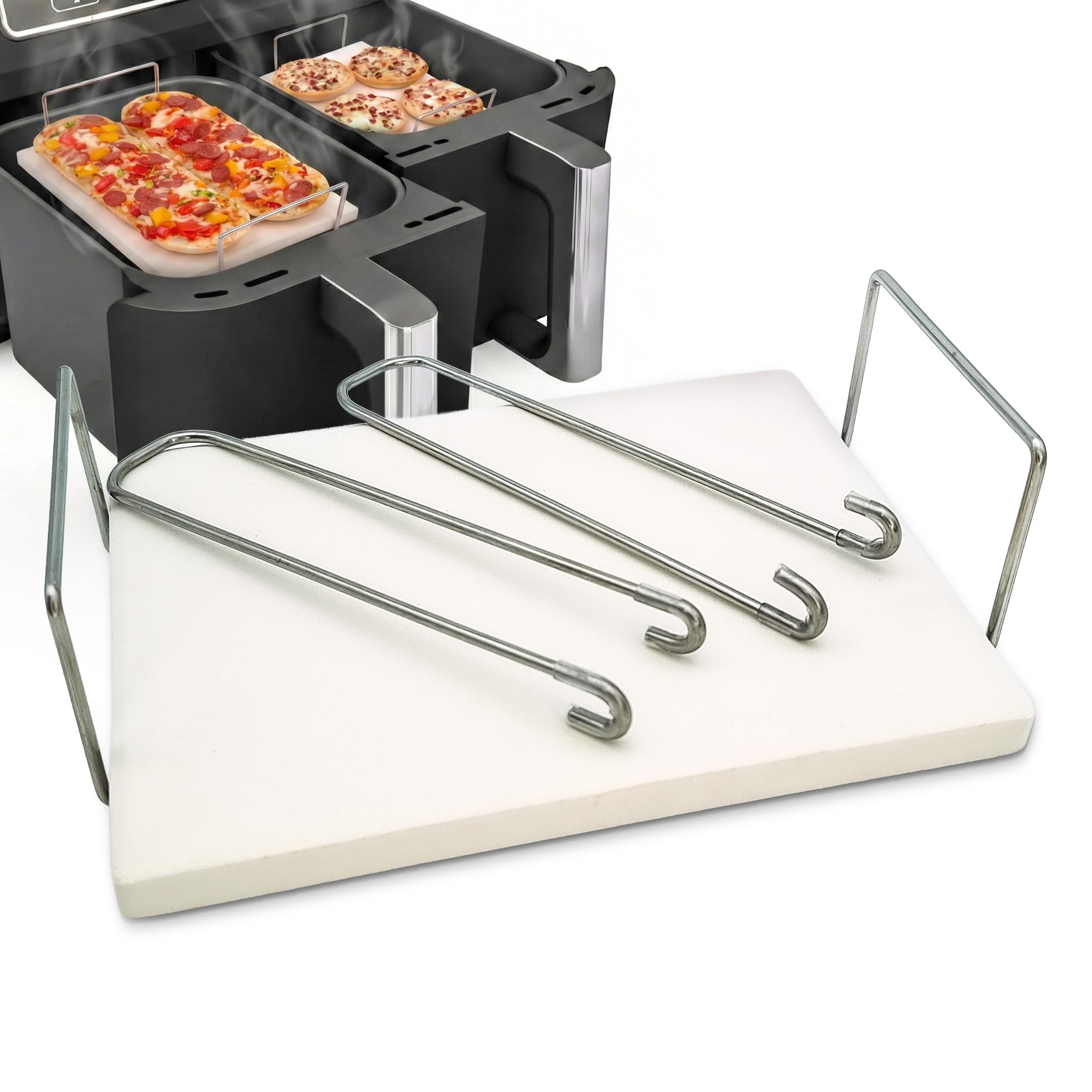 WunderFry - Pizzastein für Airfryer kompatibel mit Ninja, Cosori, Phillips uvm. - Hochwertiger Steinofen-Pizzastein für knusprige Pizza, Baguettes, Brötchen und Toast, inkl. Edelstahlrahmen
