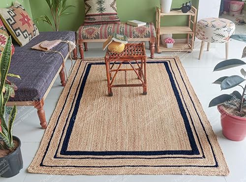 Chouhan Rugs Alfombra trenzada a mano de yute natural con bordes azul marino, tamaño personalizado, tapete de pasillo bohemio tejido a mano
