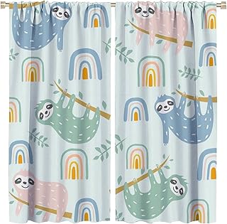 Kazynee Funny Cute Sloths Blackout Curtains for Bedroom,Modern Boho Mid Century Colorful Rainbow Baby Sloth Window Treatments Rod Pocket 42x45in