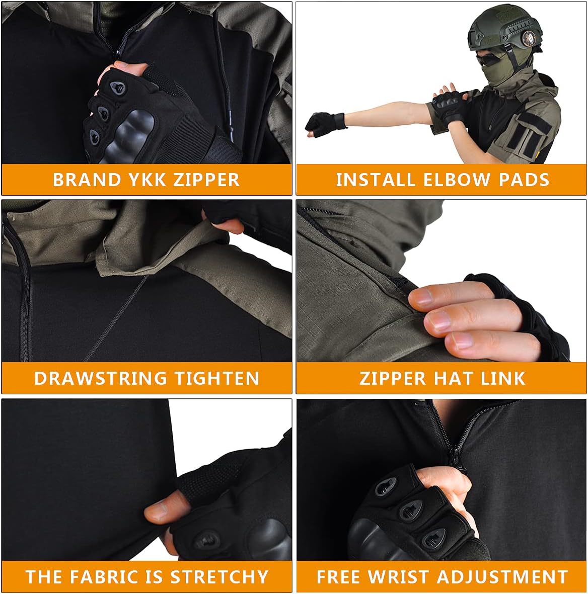 HAN·WILD Men's Combat Shirts Tactical Short Sleeve Shirt Cargo Military Airsoft T-Shirt with Hood Outdoor