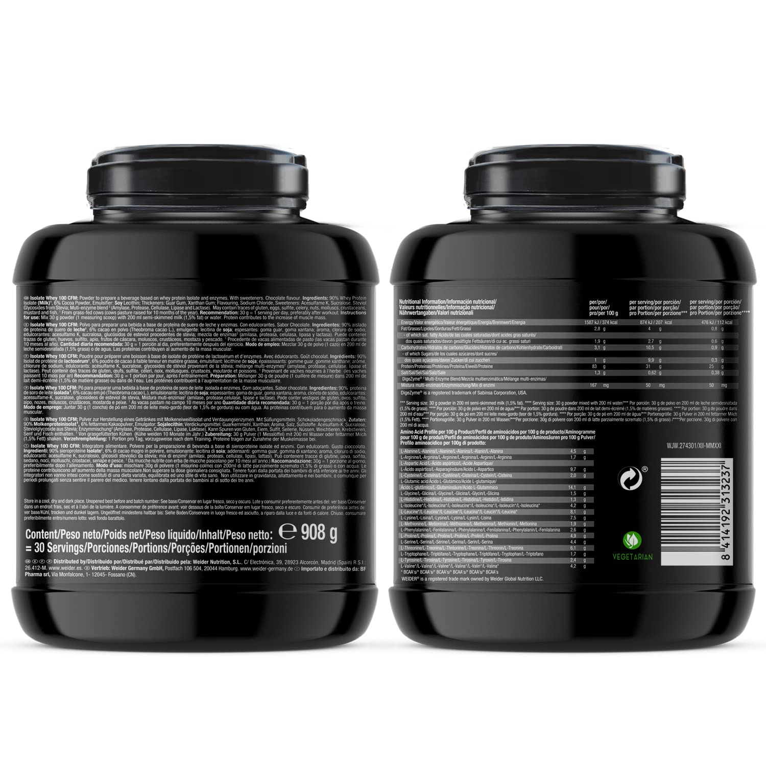 Weider PACK - Isolate Whey 908g Sabor Chocolate + Shaker Regalo, Aislado de Proteina de leche de calidad, 25g Proteína + 5g BCAA por porción