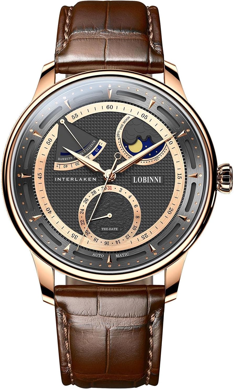 LOBINNI Men's Moon Phase Mechanical Automatic Watch Waterproof Wrist Dress Fashion Luxury Watches for Men