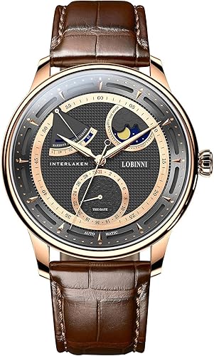 LOBINNI Reloj automático mecánico de fase lunar para hombre, impermeable, vestido de pulsera de lujo de moda para hombre