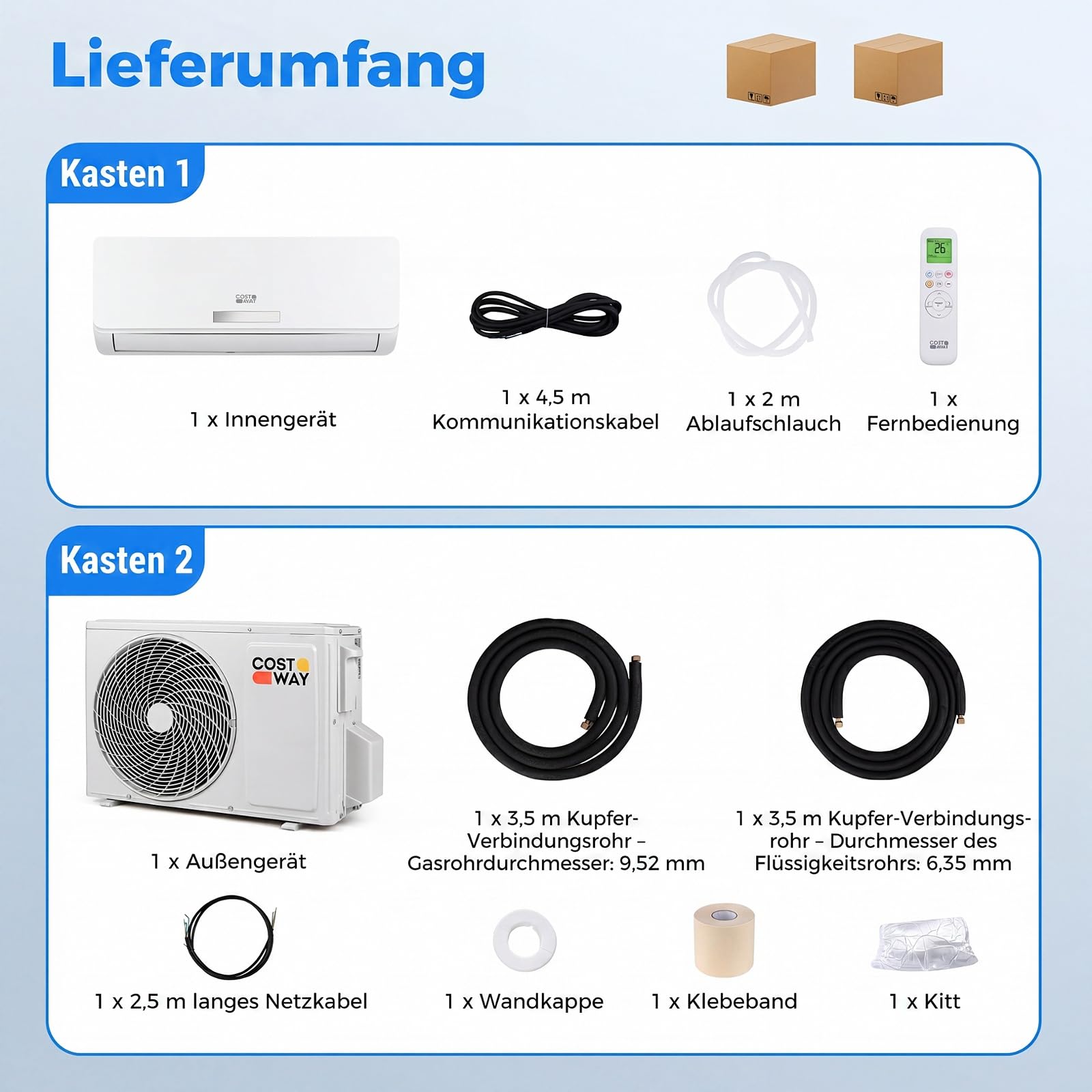 COSTWAY Klimaanlage Split 12000BTU, 3,4kW | Klimagerät leise mit Heizfunktion, WiFi & App & R32 Kältemittel, Klimasplittgeräte inkl. Montagematerial, Air Conditioner