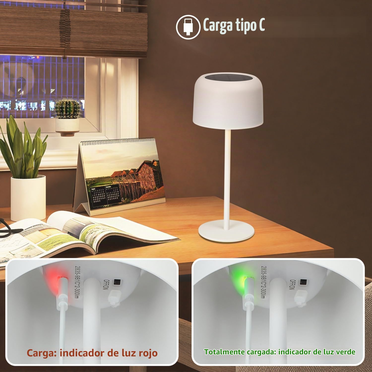 Aigostar Lámpara de Mesa Inalámbrica Recargable Solar y USB, Lámpara de Escritorio Táctil Regulable, Lámpara de Noche IP54 Impermeable para Interior y Exterior, Dormitorio, Restaurante - Blanco